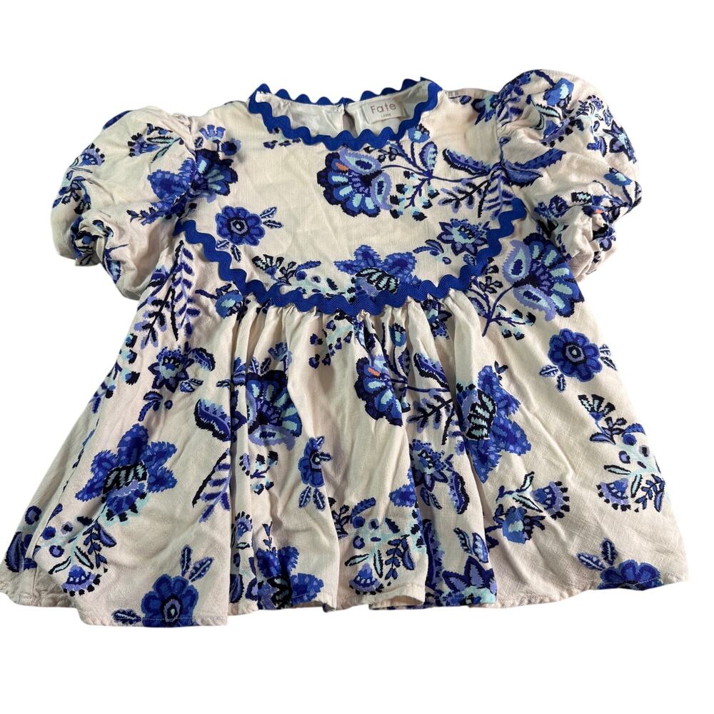 Fate Blue White Floral Linen Blend Babydoll Dress Balloon Sleeve Large
